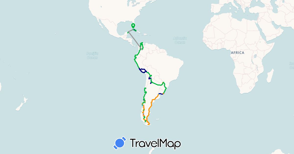 TravelMap itinerary: driving, bus, plane, hiking, boat, hitchhiking in Argentina, Bolivia, Brazil, Chile, Colombia, Cuba, Ecuador, Mexico, Peru, Uruguay (North America, South America)